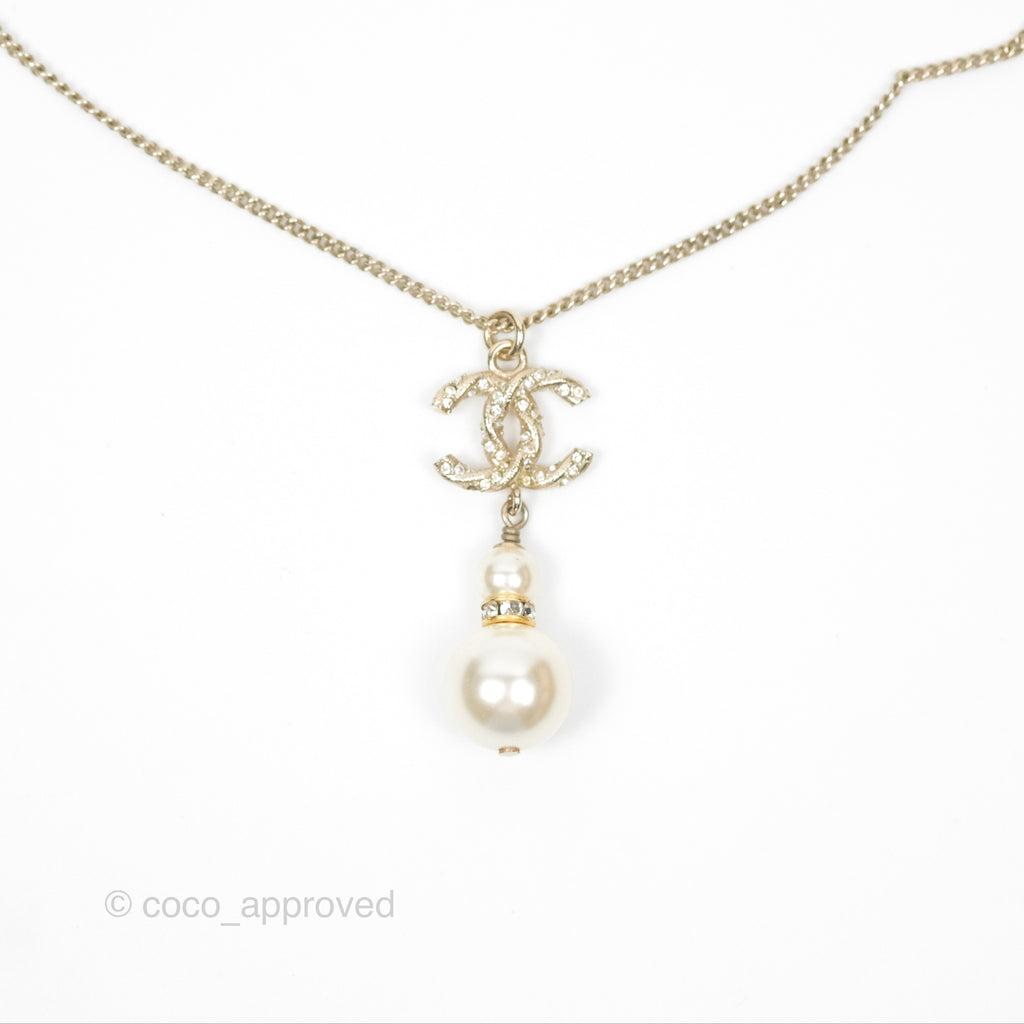 Chanel Crystal Pearl CC Drop Necklace Gold 18B