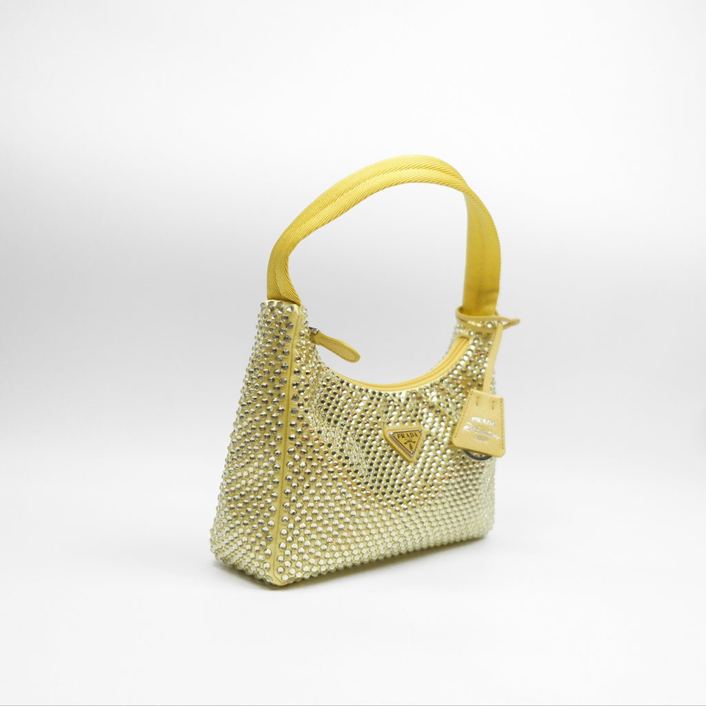 Prada Re-Edition 2000 Nylon Mini Bag Yellow Crystal Embellished