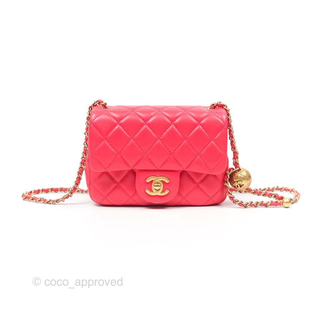 Chanel Mini Square Pearl Crush Quilted Red Lambskin Aged Gold Hardware