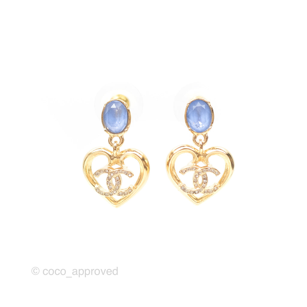 Chanel Oval Blue Resin Heart CC Drop Earrings Gold Tone 23C