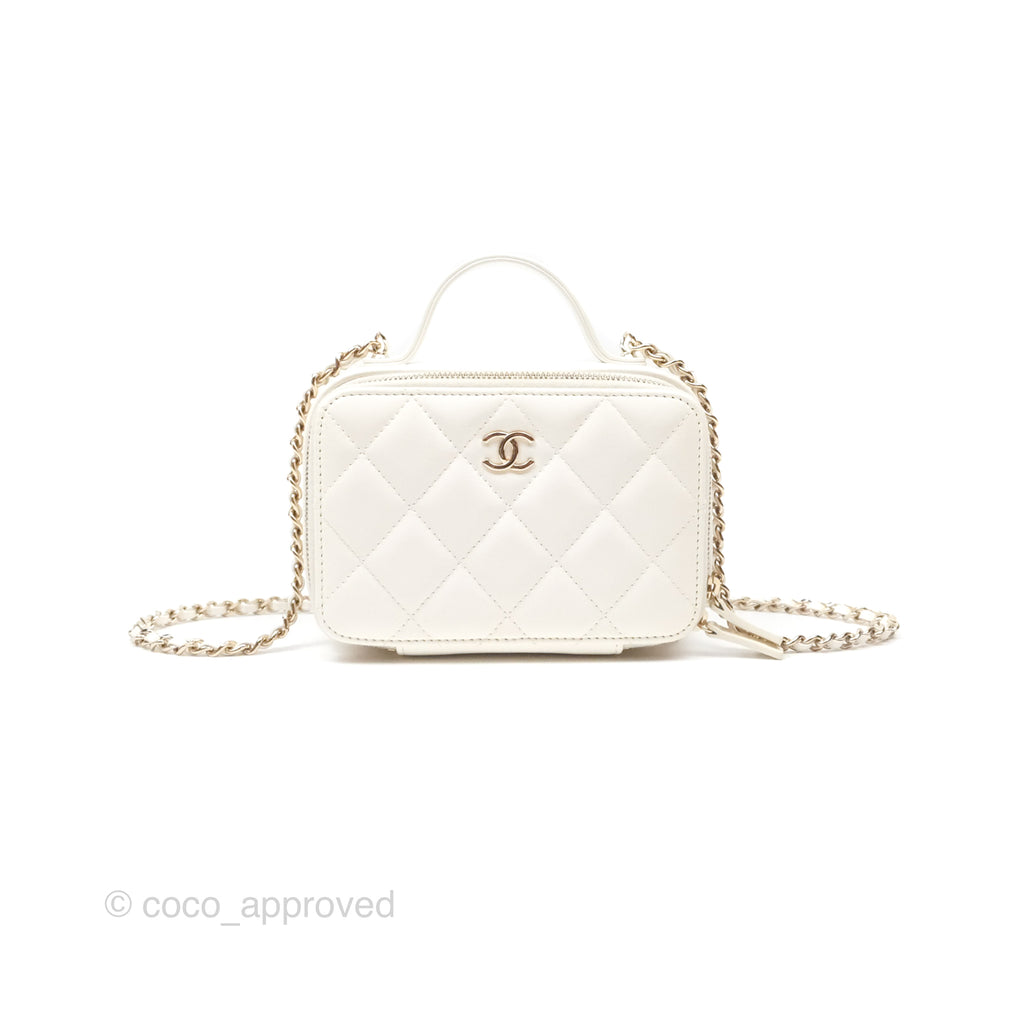 Chanel Top Handle Quilted Vanity Case White Shiny Lambskin Good Hardware