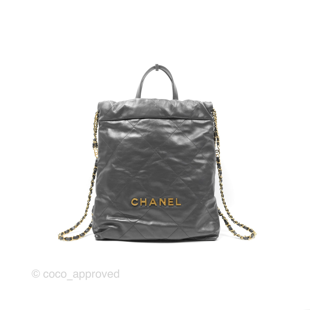 Chanel 22 Small Quilted Backpack Dark Grey Shiny Calfskin