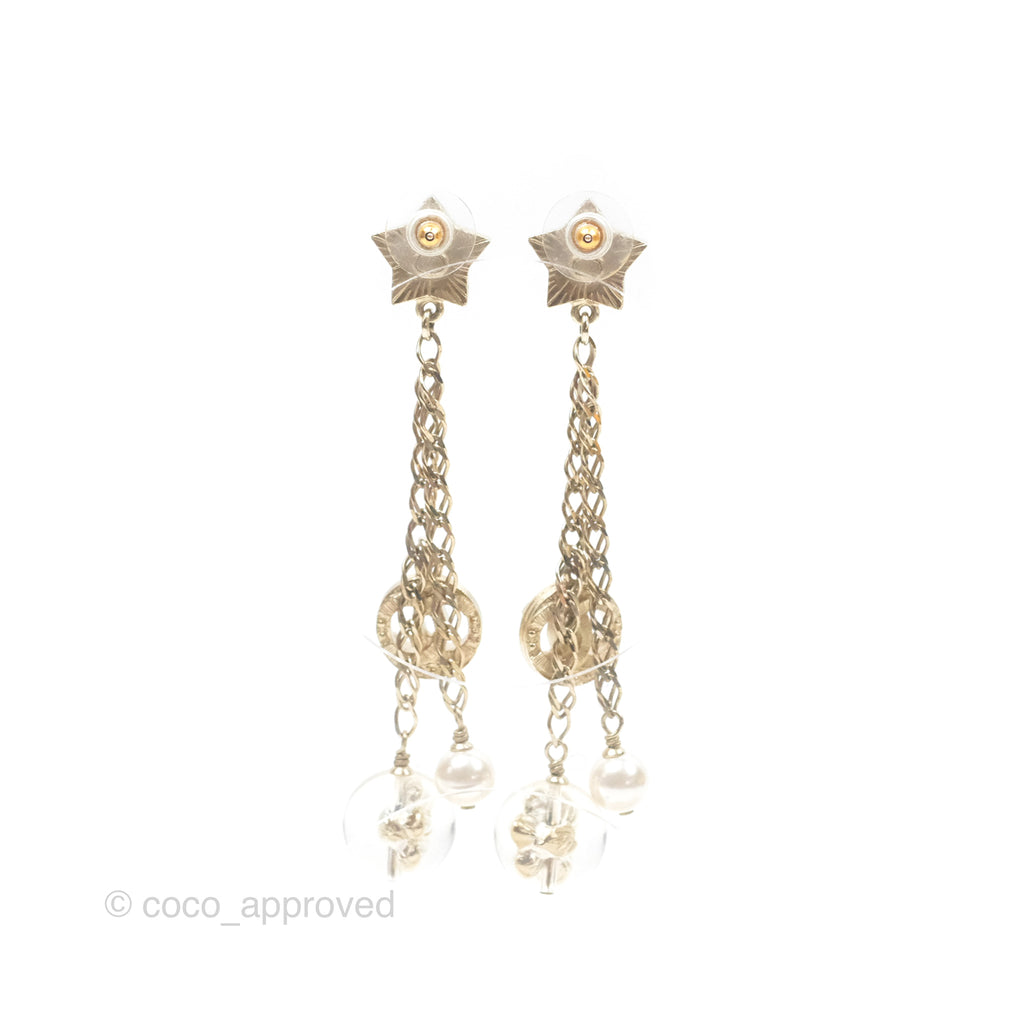 Chanel Crystal CC Pearl Ball Drop Earrings Gold Tone 19K