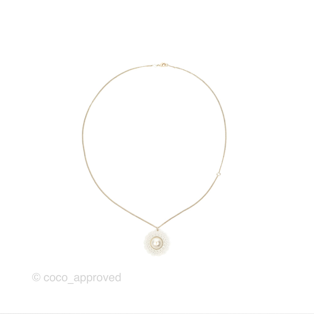 Chanel Pearl CC Lace Flower Necklace Gold Tone 15K