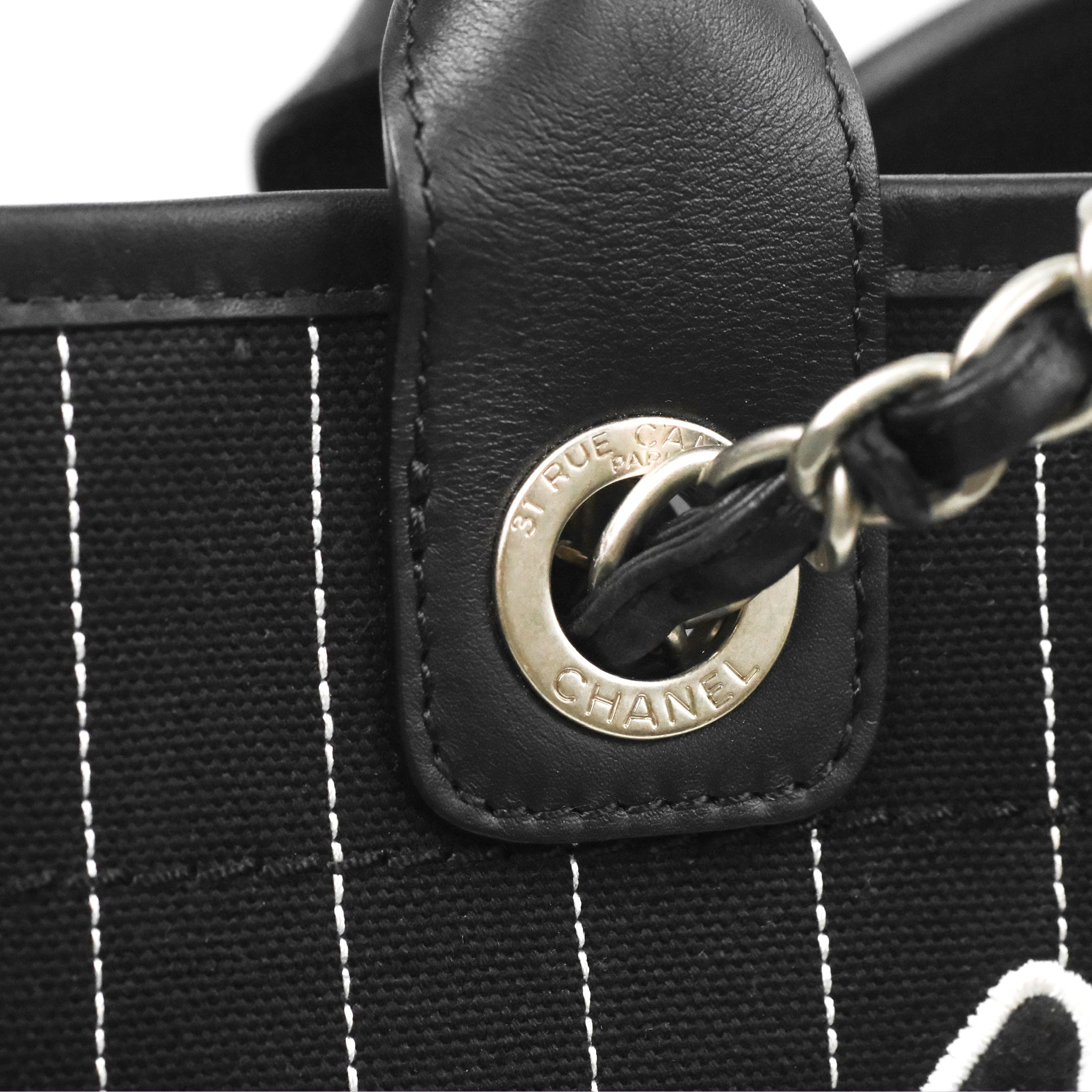 Chanel Large Deauville Black White Striped Canvas Aged Silver Hardware –  Coco Approved Studio