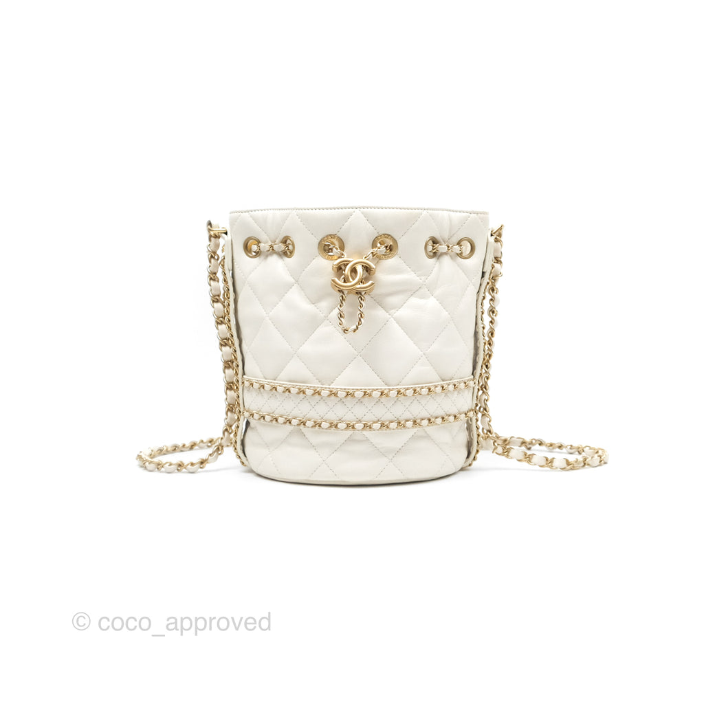 Chanel Quilted Drawstring Bucket Bag Ivory Lambskin Aged Gold Hardware