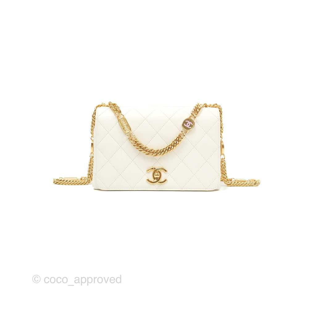 Chanel Mini Flap Bag with Enamel Charm Chain White Lambskin Gold Hardware