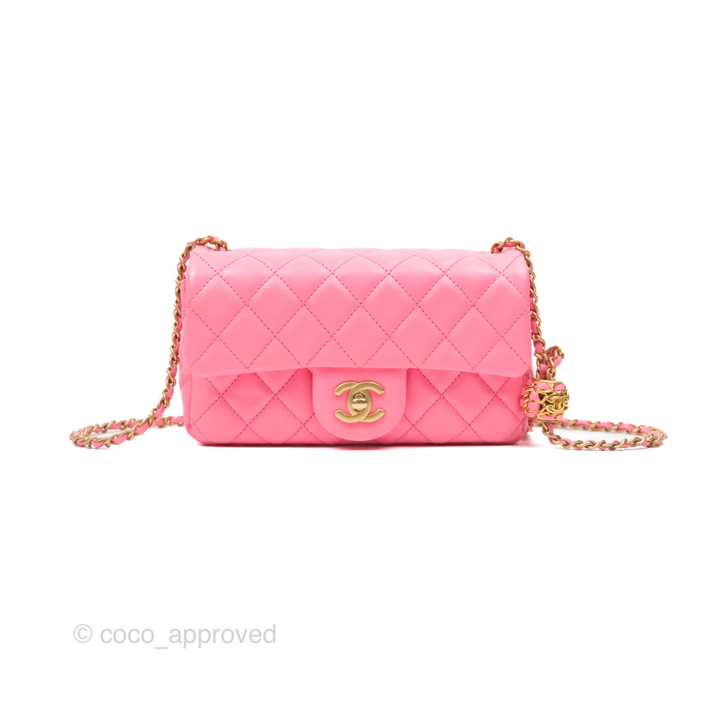 Chanel Mini Rectangular Pearl Crush Quilted Pink Lambskin Aged Gold Hardware