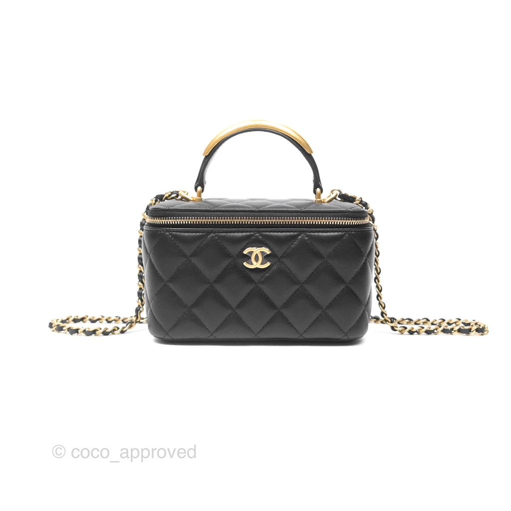 Chanel Vanity Rectangular Metal Top Handle Black Lambskin Aged Gold Hardware 22B