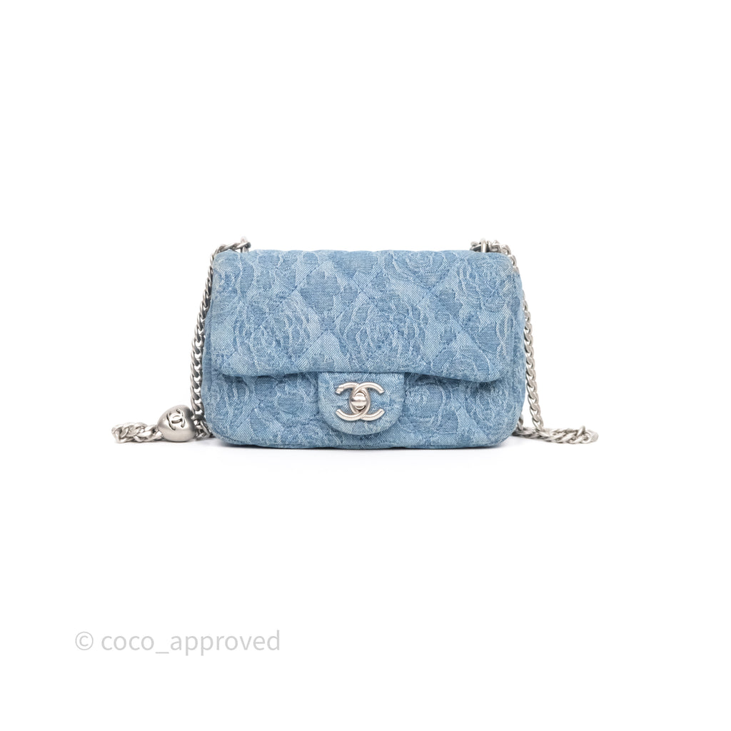Chanel Mini Camellia Printed Heart Crush Flap Bag Blue Denim Aged Silver Hardware