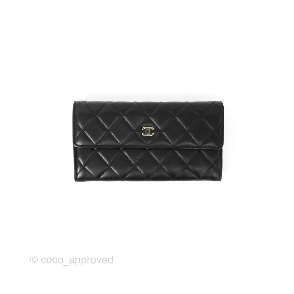 Chanel Classic Quilted Long Wallet Black Lambskin Silver Hardware