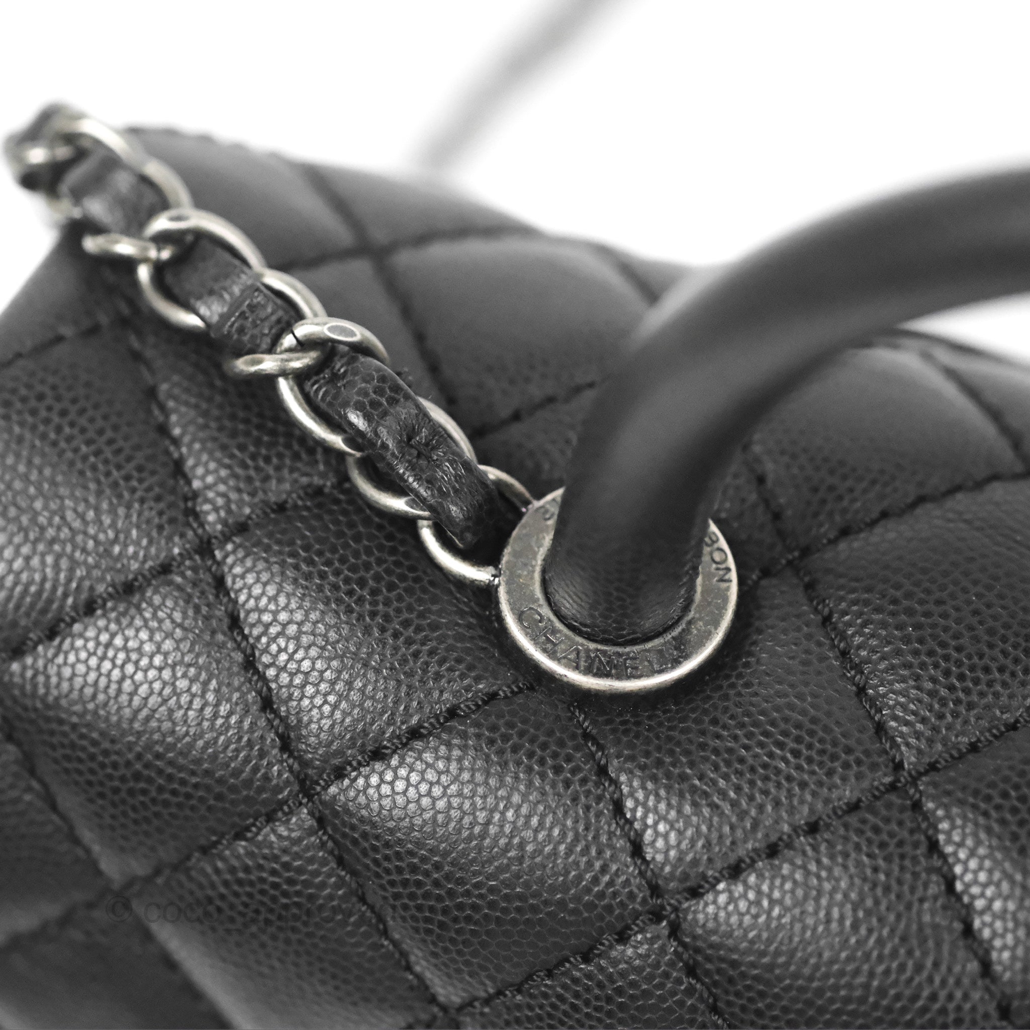 Chanel Coco Handle Bag Quilted Grained Caviar Ruthenium Mini Black