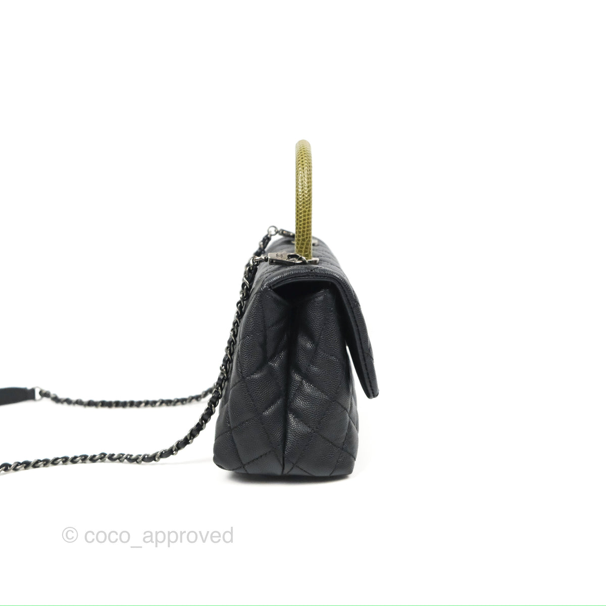 Chanel Small Coco Handle Quilted Black Caviar Ruthenium Hardware Olive ...