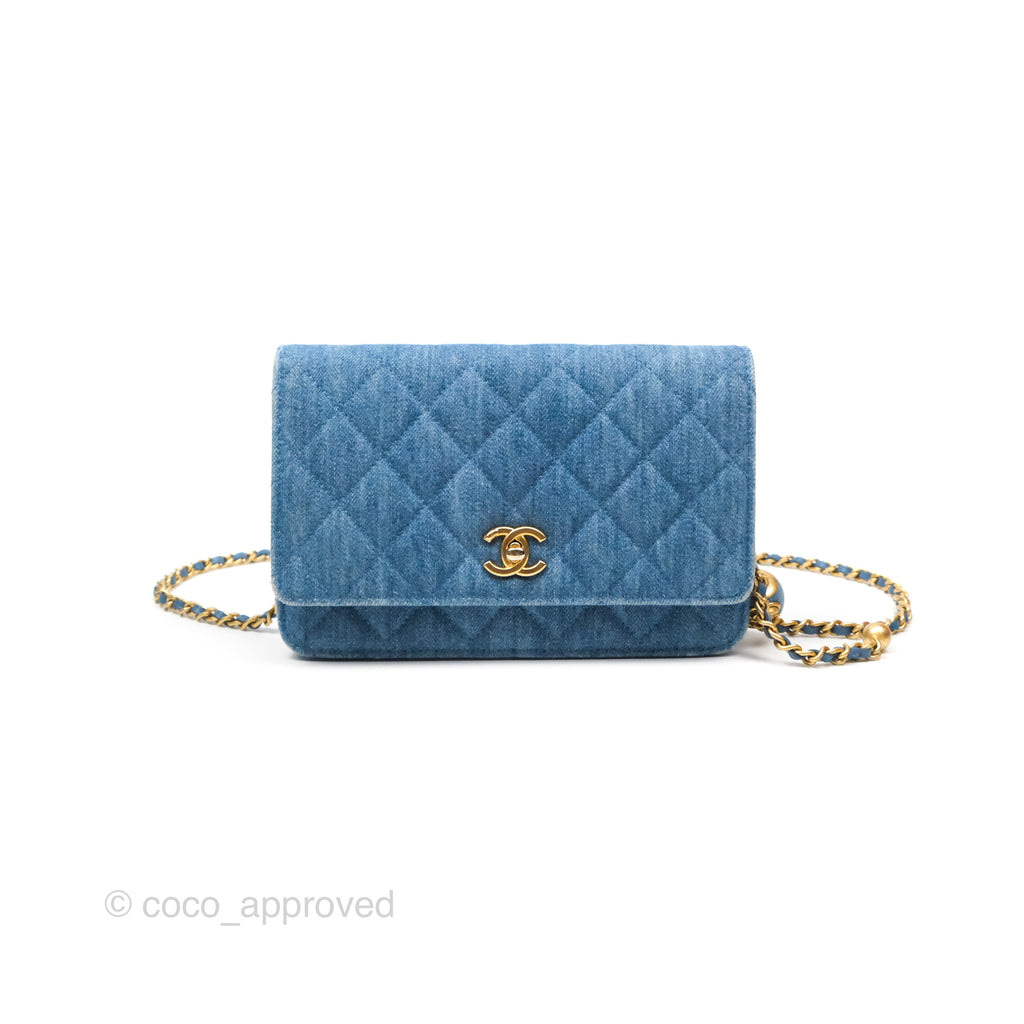 Chanel Quilted Pearl Crush Wallet on Chain WOC Denim Aged Gold Hardware