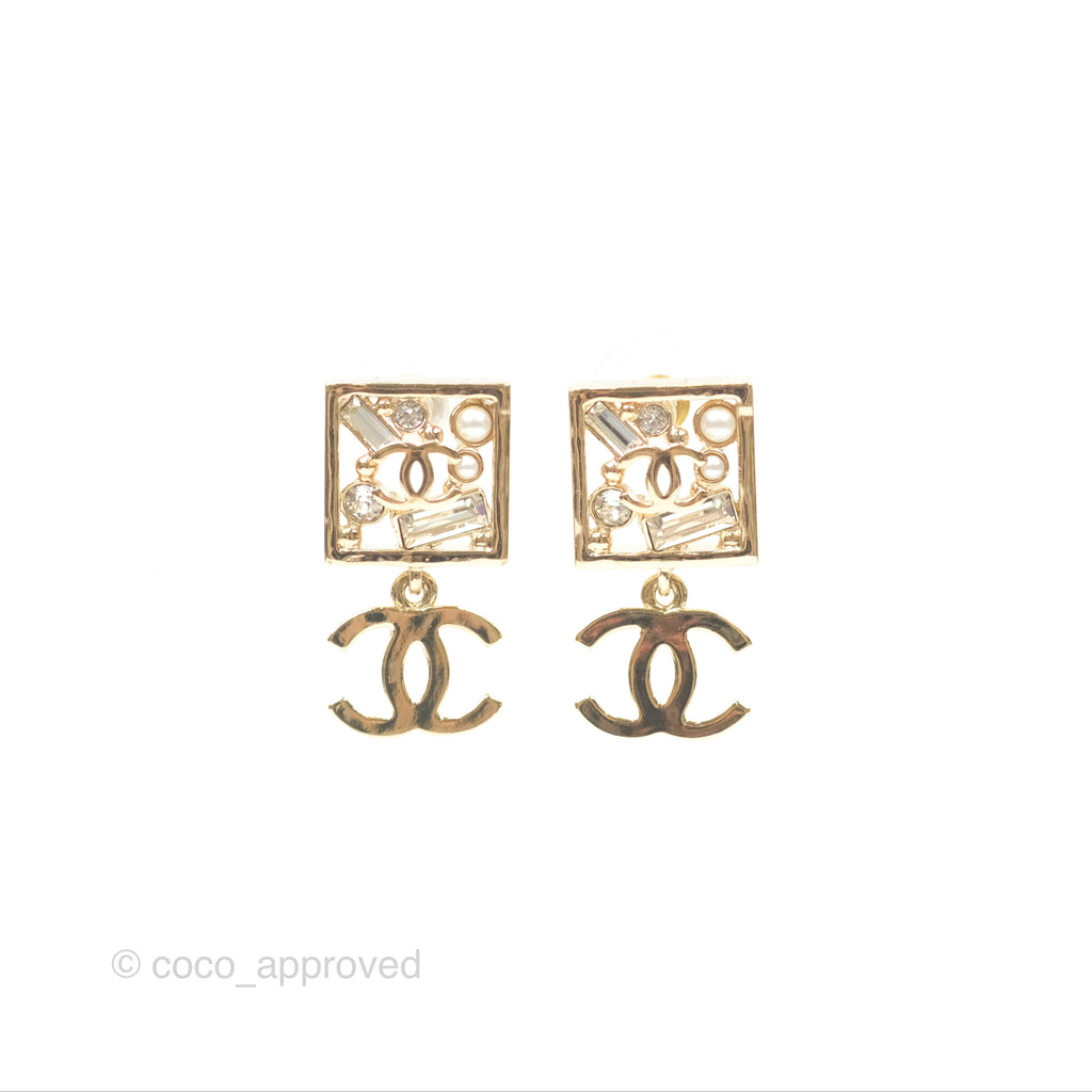 Chanel Square Crystal Pearl CC Drop Earrings Gold Tone 22C