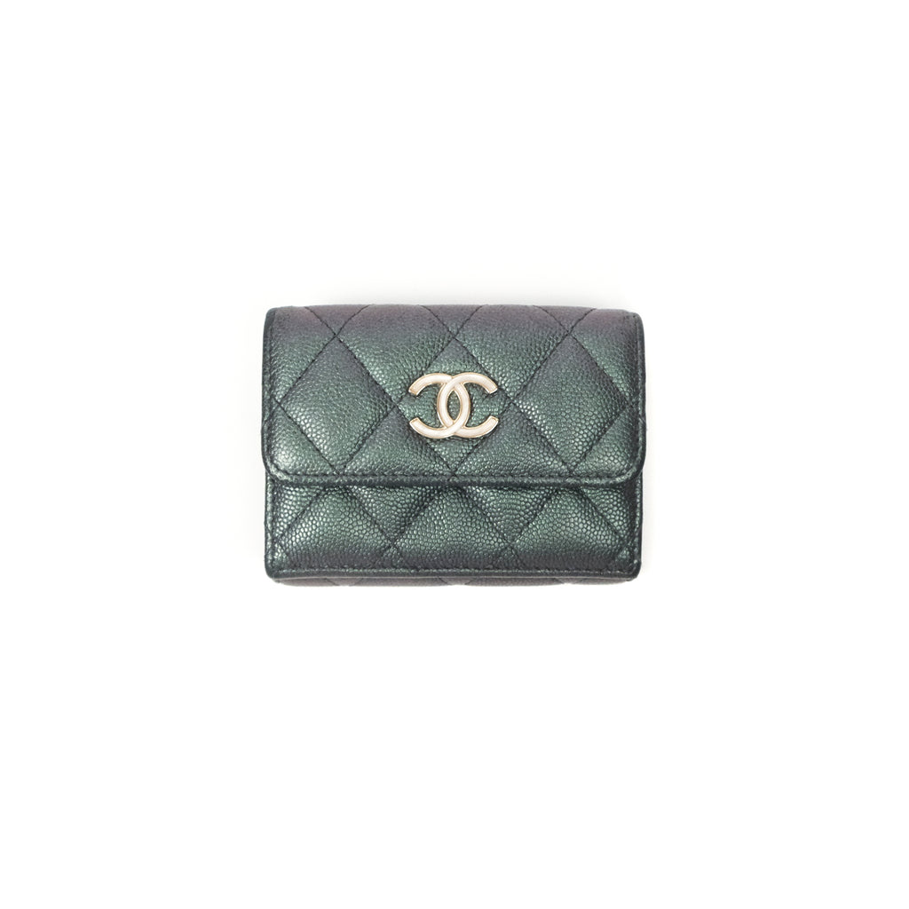 Chanel Quilted White CC Short Wallet Iridescent Green Purple Gold Hardware