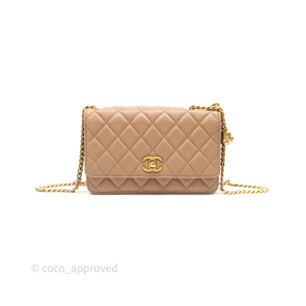 Chanel All Slide Wallet on Chain WOC Adjustable Chain Quilted Beige Lambskin