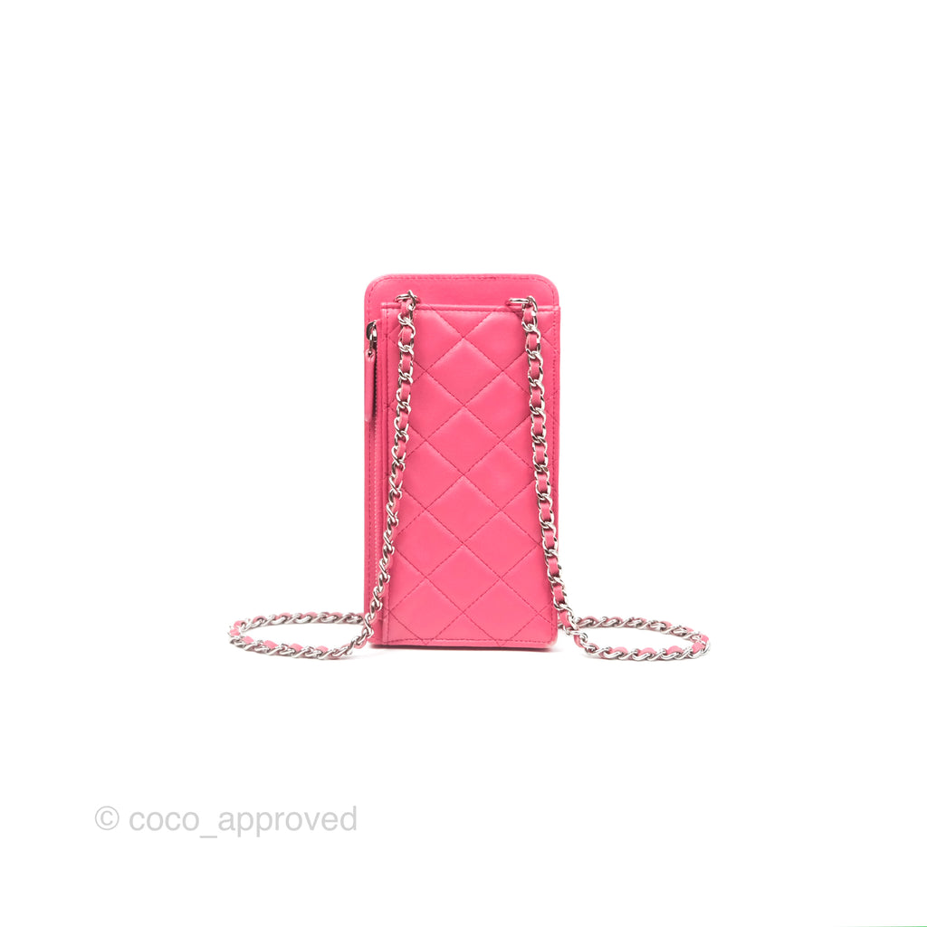 Chanel Phone Holder Long Zip Wallet with Chain Pink Silver Hardware