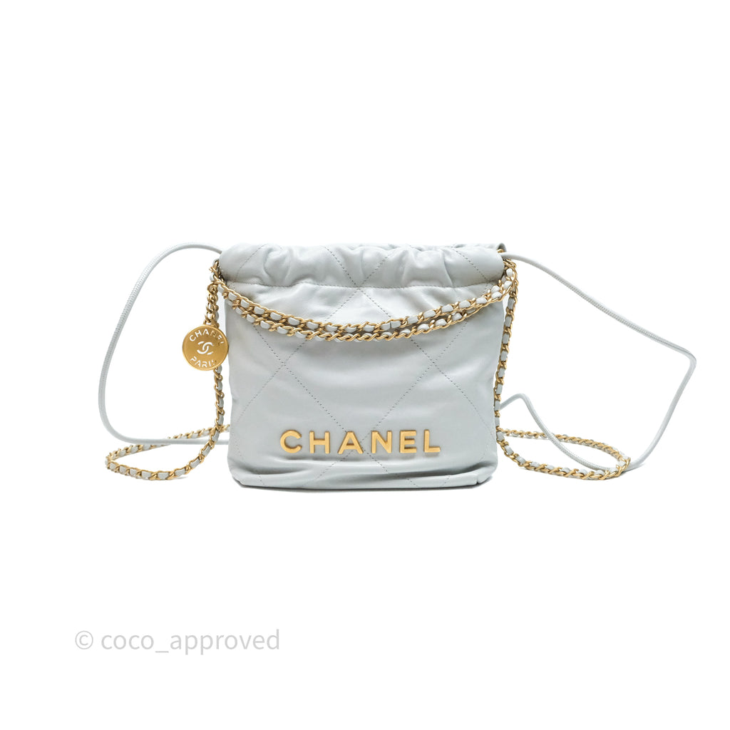 Chanel 22 Mini Bag Blue Grey Shiny Crumpled Calfskin Aged Gold Hardware