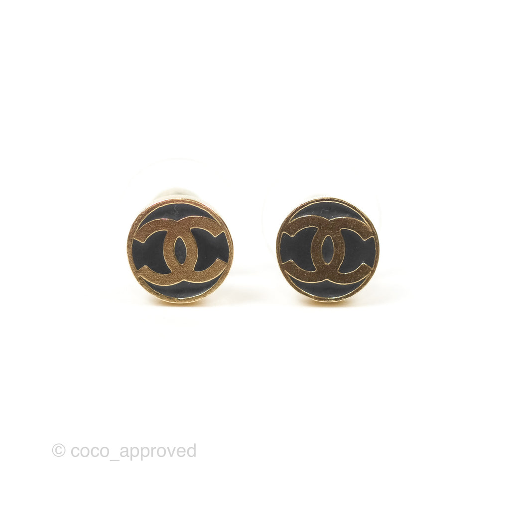 Chanel Round CC Black Earrings Gold Tone 17A
