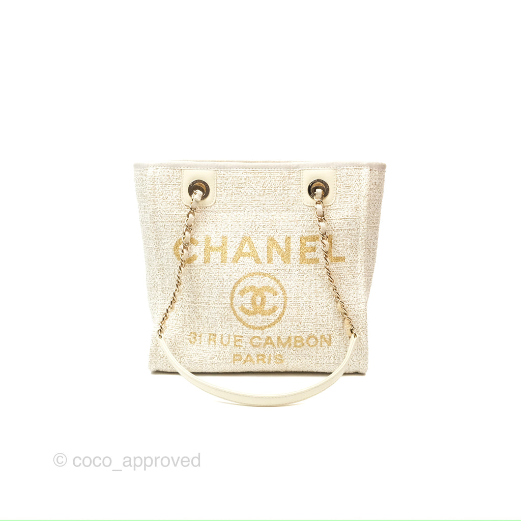 Chanel Mini Deauville Tote Ivory Lurex Boucle Gold Hardware