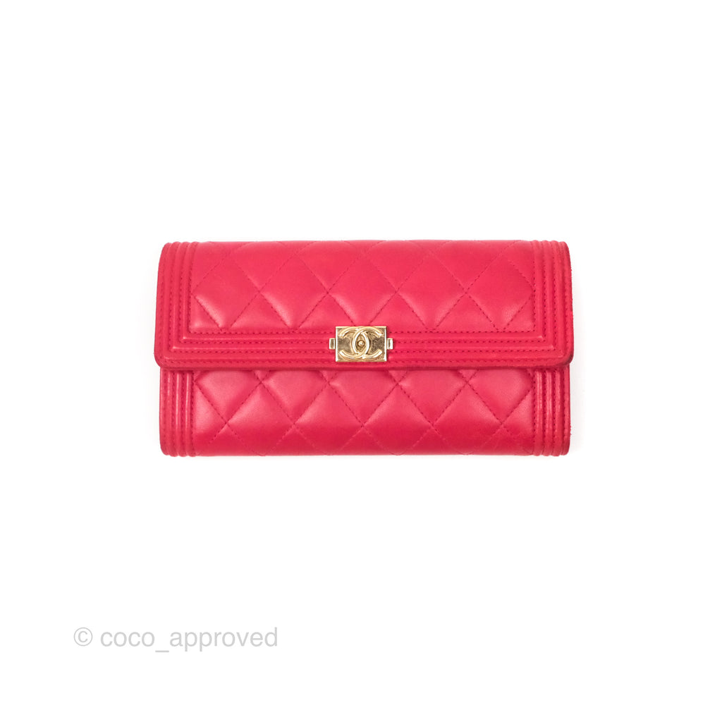 Chanel Quilted Boy Flap Long Wallet Red Lambskin Gold Hardware