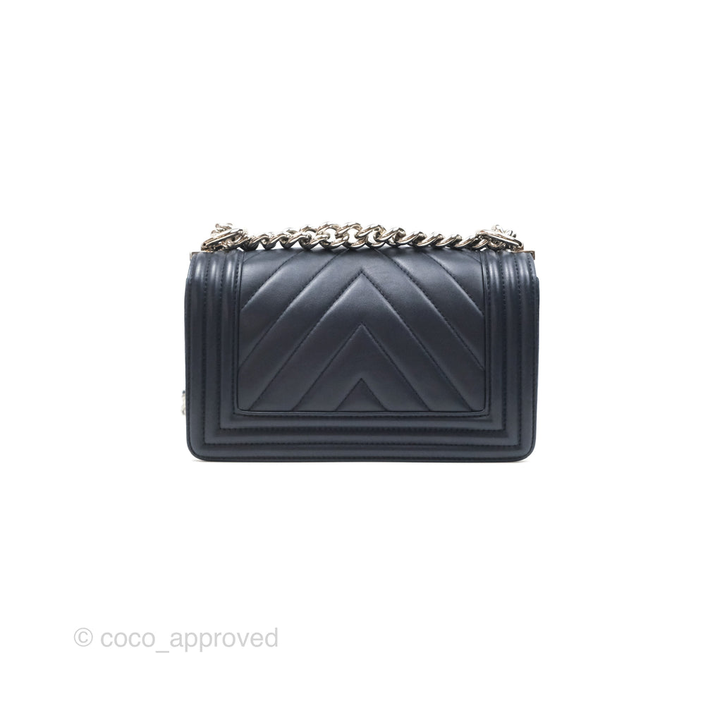 Chanel Small Chevron Boy Navy Calfskin Silver Hardware