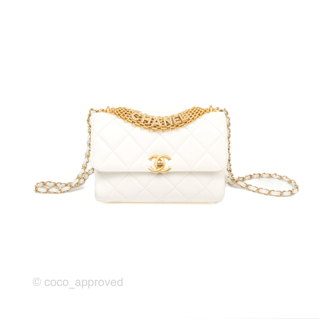 Chanel Crystal Logo Handle Flap Bag White Lambskin 22S