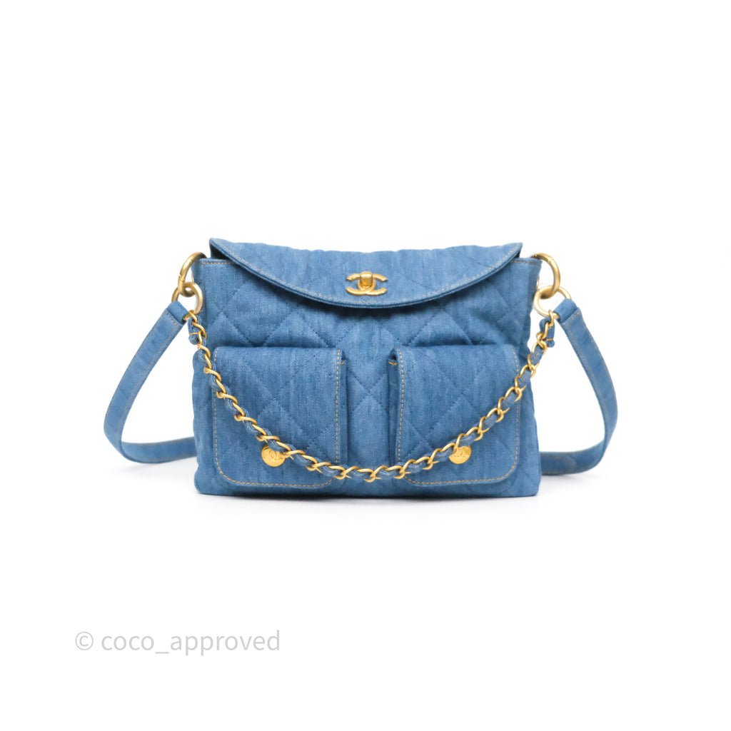Chanel Double Pocket Hobo Bag Blue Denim Aged Gold Hardware