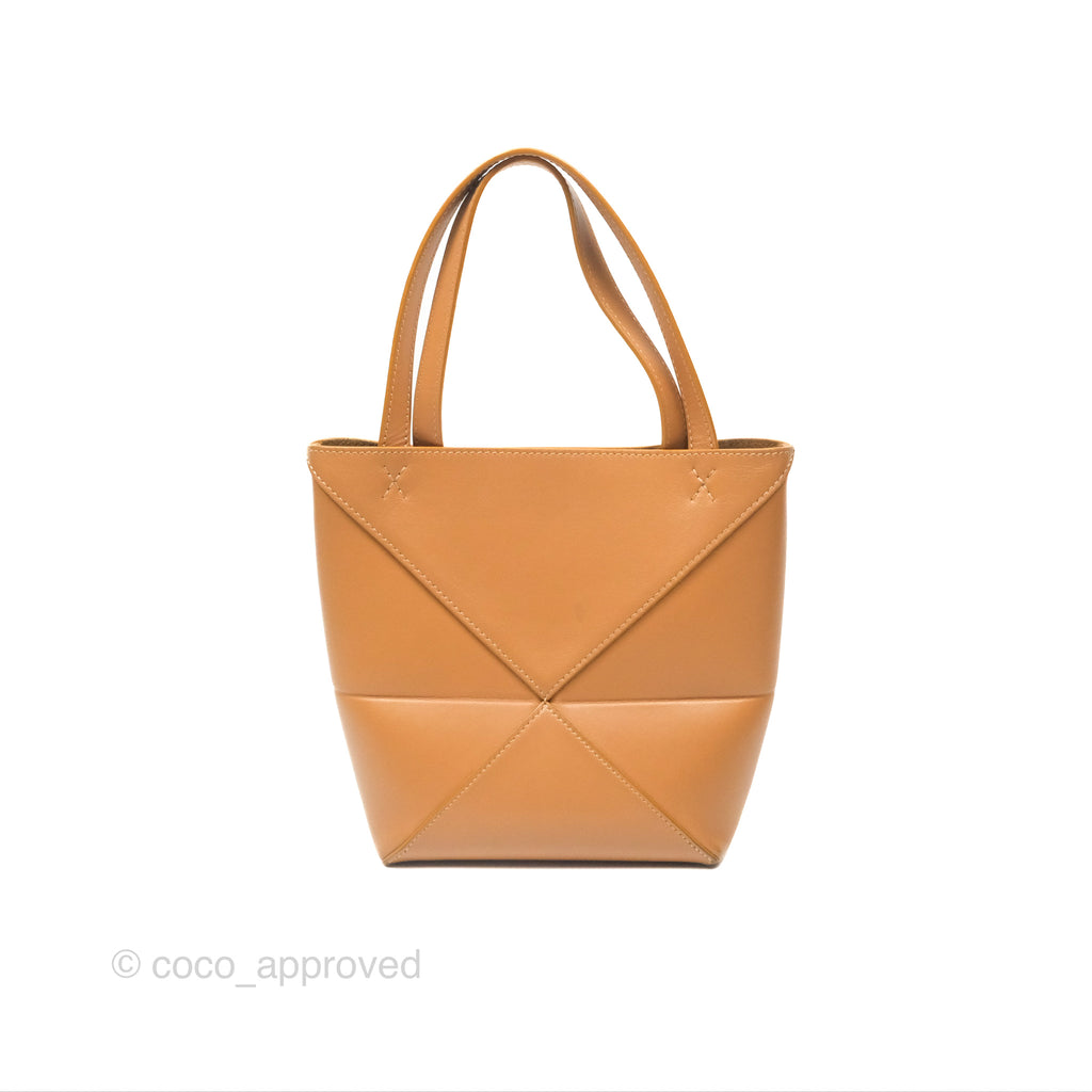 Loewe Mini Puzzle Fold Tote In Shiny Calfskin Warm Desert