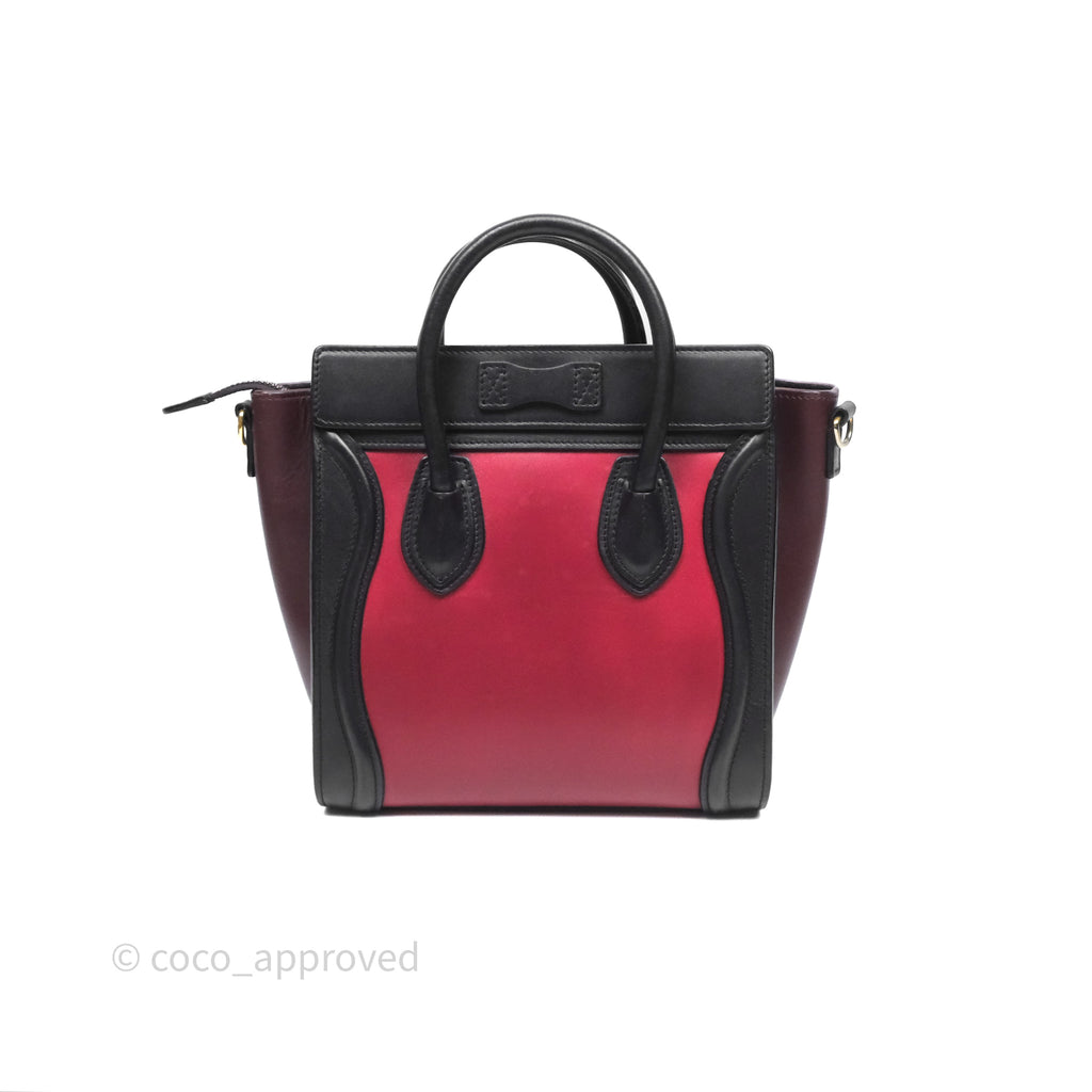 Celine Nano Luggage Satin Calfskin Gold Hardware Red/ Dark Brown