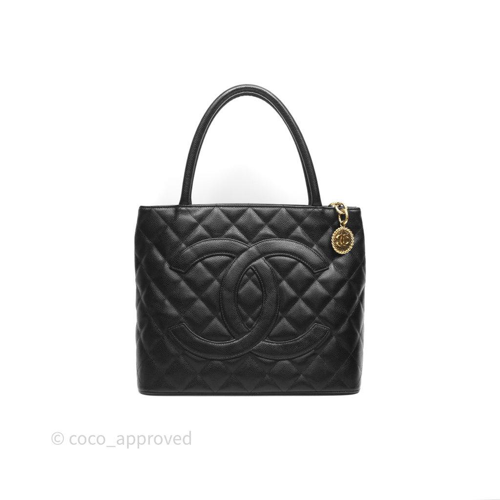 Chanel Vintage Medallion CC Black Caviar Tote Bag Gold Hardware