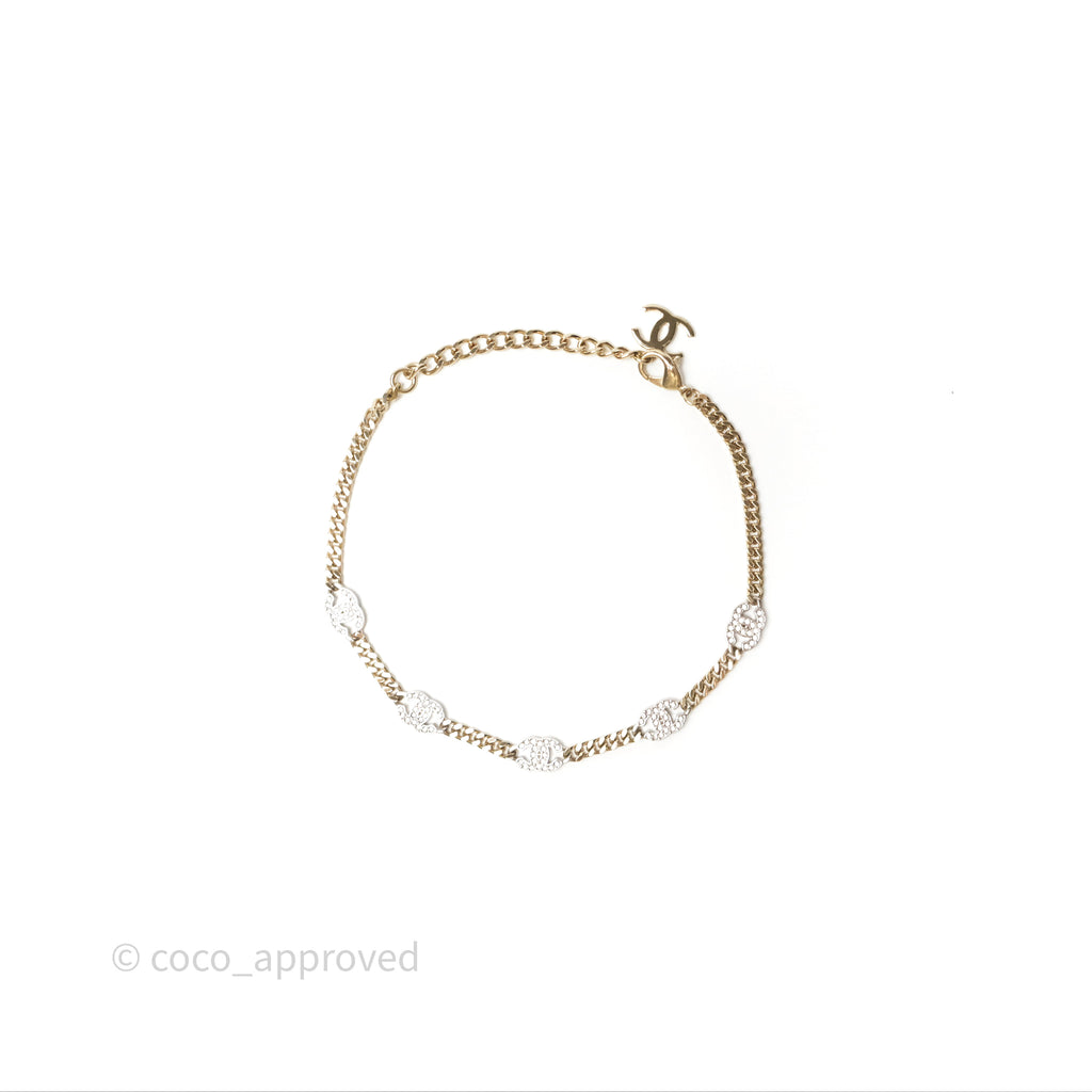 Chanel Silver CC Crystal Chain Choker Gold Tone 24V