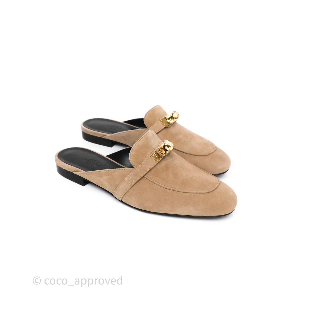 Hermès Oz Velvet Mules in Beige Sable Gold Hardware Size 37.5
