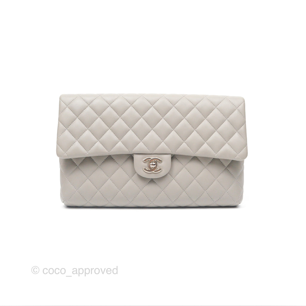 Chanel Classic Flap Clutch Quilted Light Grey Lambskin Silver Hardware