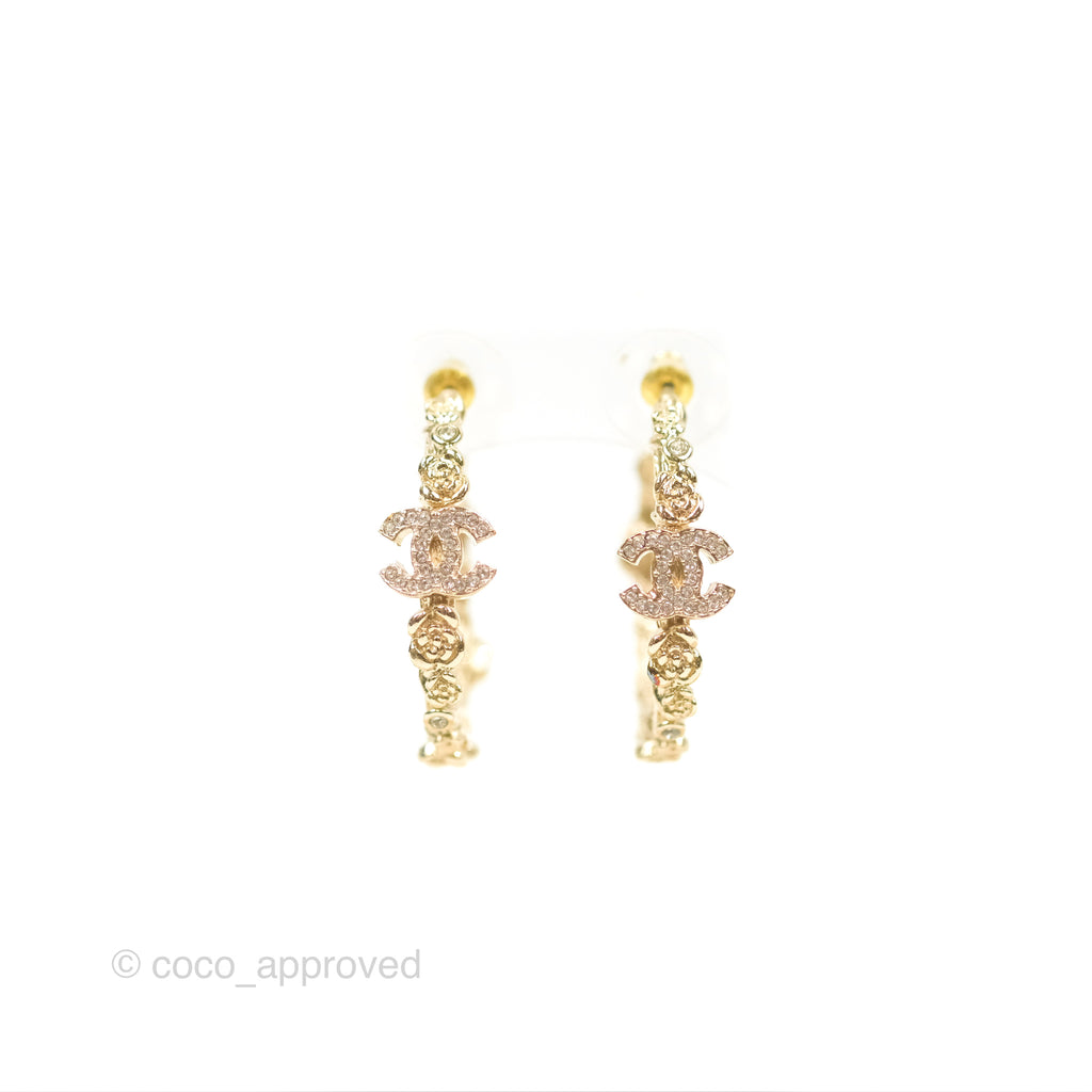 Chanel CC Crystal Camellia Hoop Earrings Gold Tone 22C