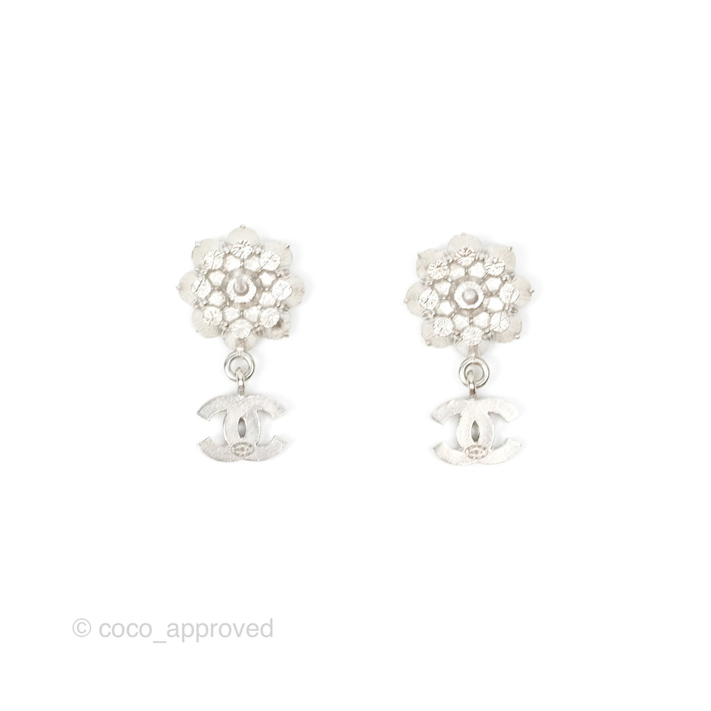 Chanel Crystal CC Flower Earrings Silver Tone 15A