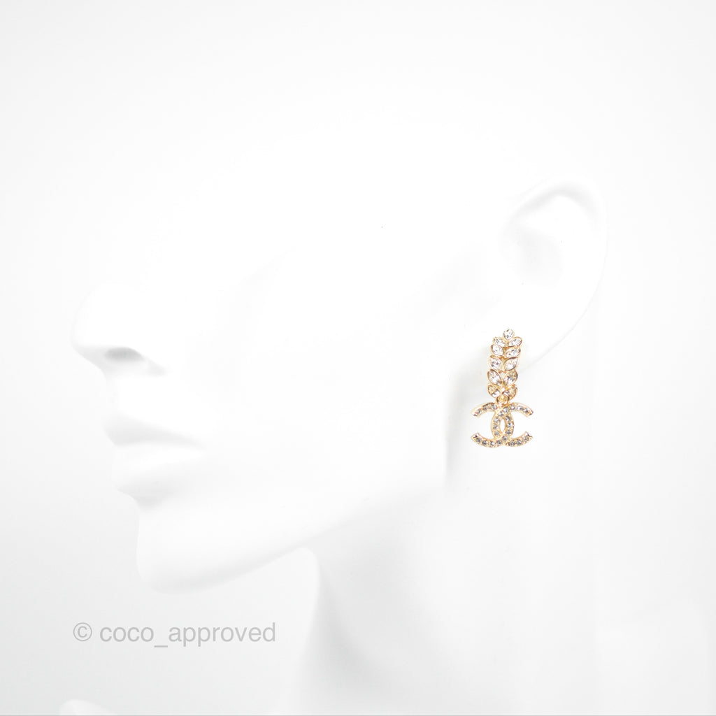 Chanel Leafy Crystal CC Drop Earrings Gold Tone 23S