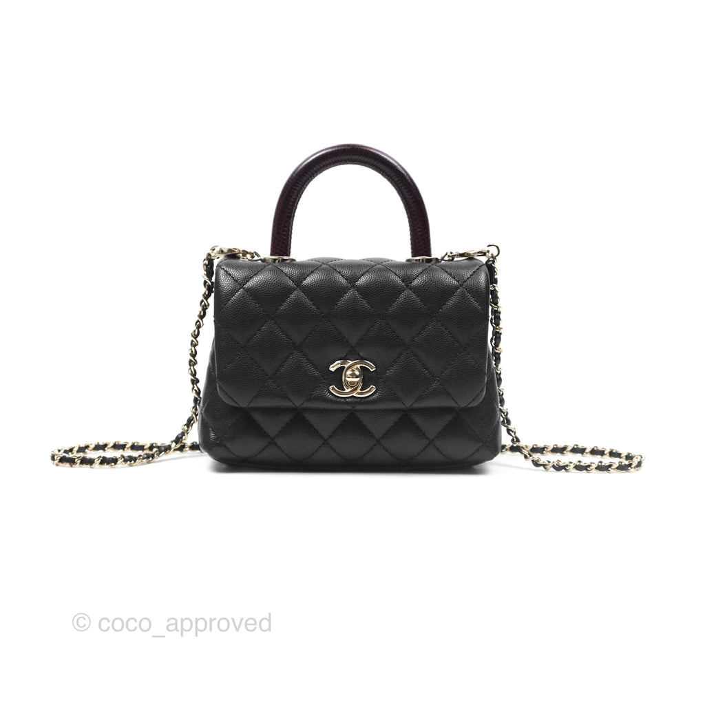 Chanel Mini Coco Handle Quilted Black Caviar Lizard Embossed Handle Gold Hardware