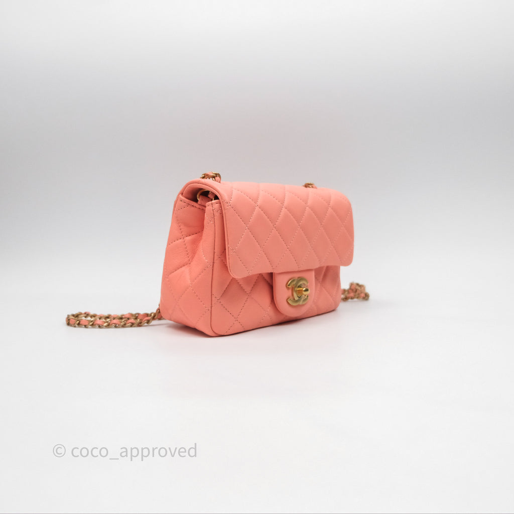 Chanel Pearl Crush Mini Square Quilted Pink Lambskin Aged Gold Hardware