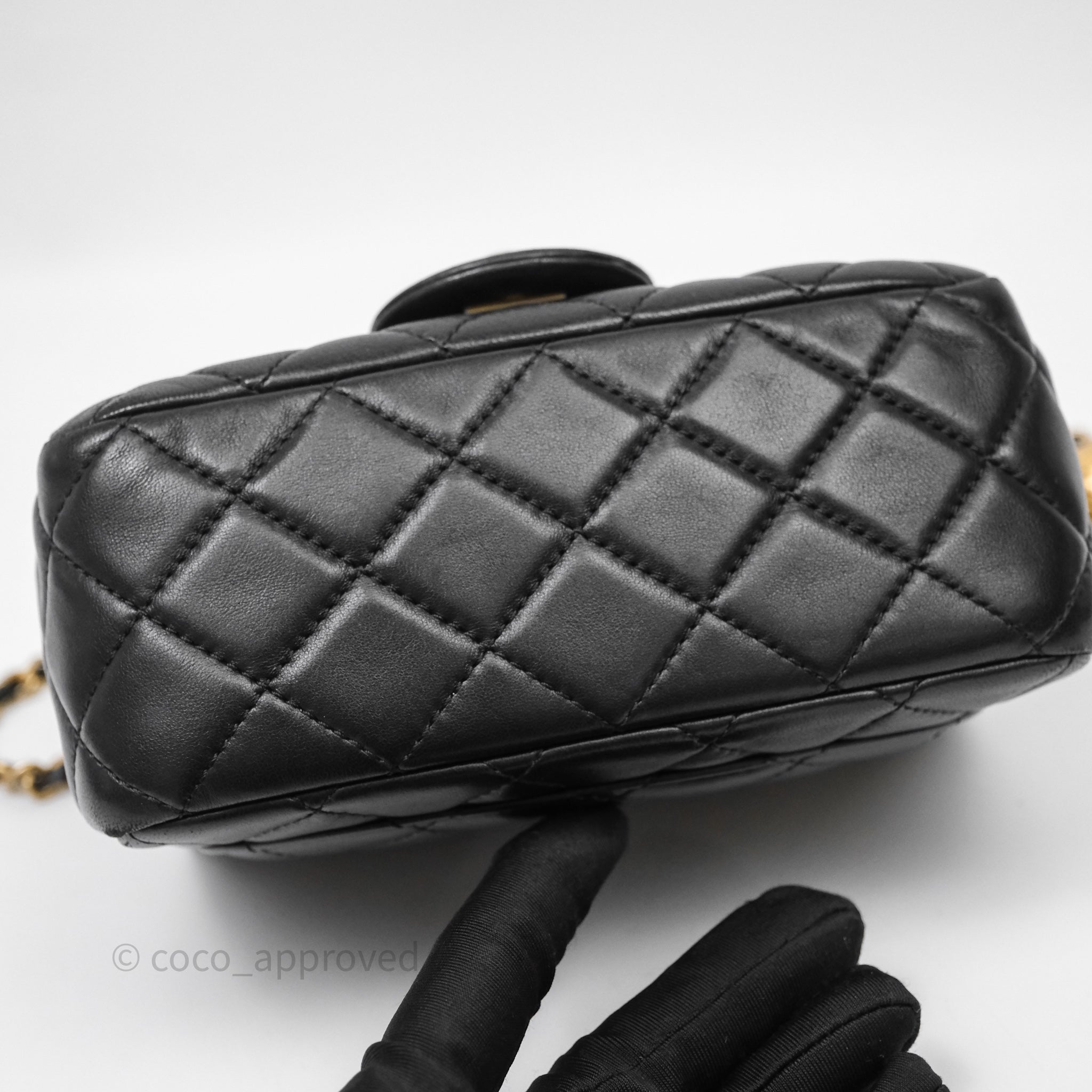 Chanel Pearl Crush Mini Square Quilted Black Lambskin Aged Gold
