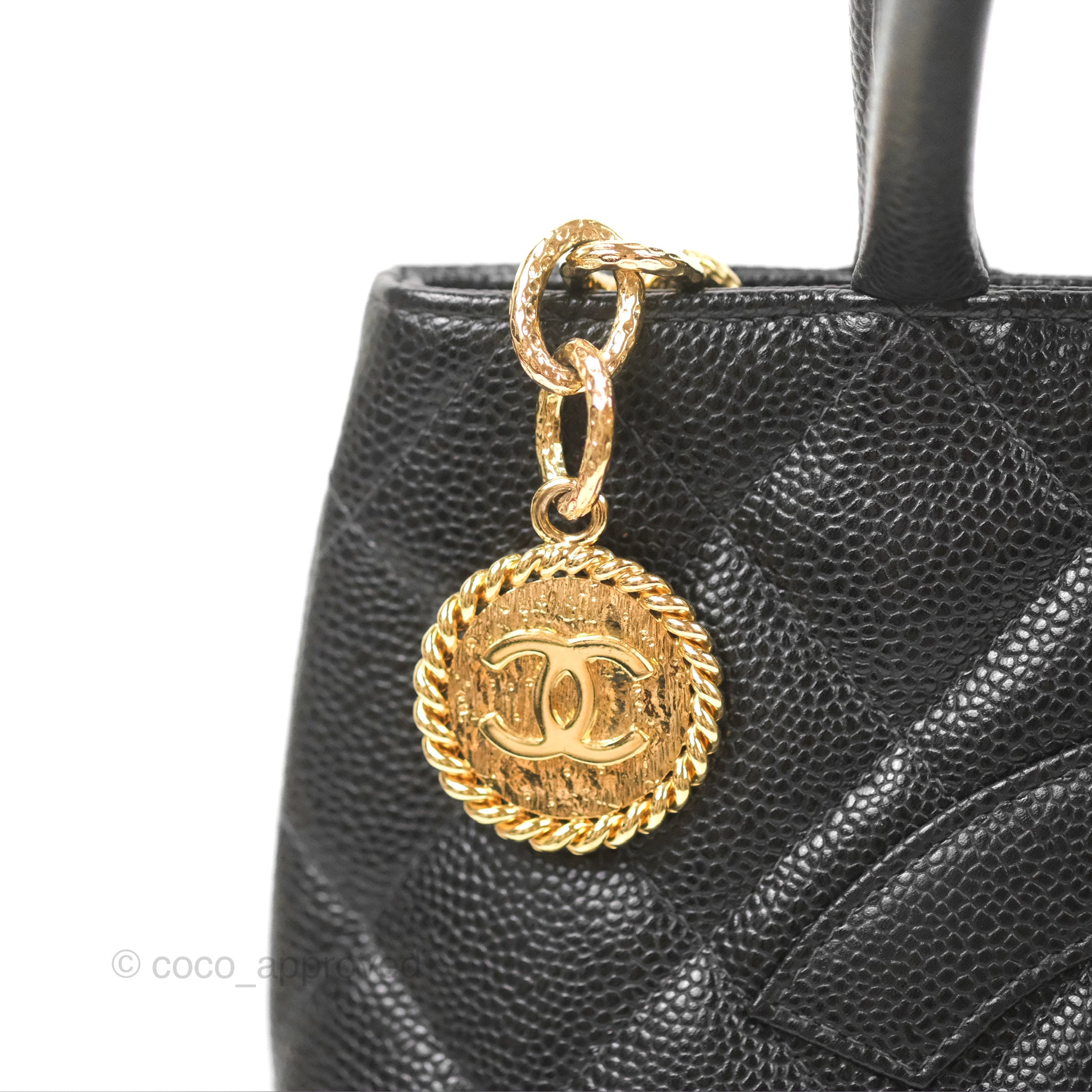 Chanel Vintage Medallion CC Black Caviar Tote Bag Gold Hardware