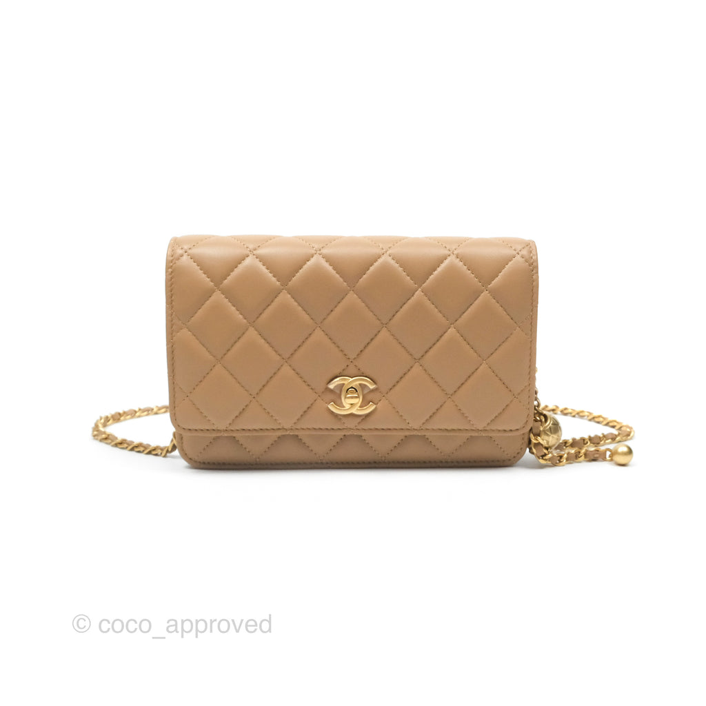 Chanel Quilted Pearl Crush Wallet on Chain WOC Beige Lambskin Aged Gold Hardware