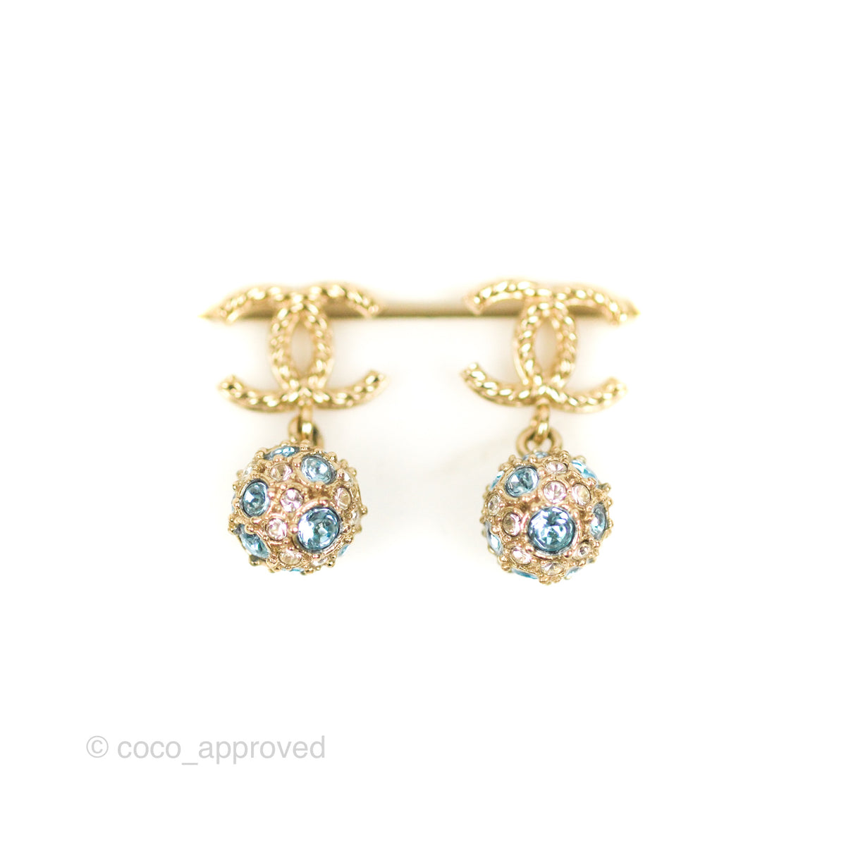 Chanel CC Blue Crystal Drop Earrings Gold Tone 20V