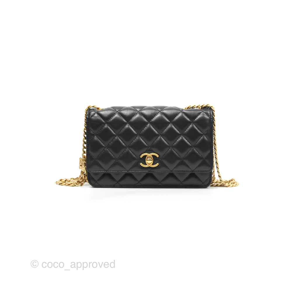 Chanel All Slide Wallet on Chain WOC Adjustable Chain Quilted Black Lambskin 22K