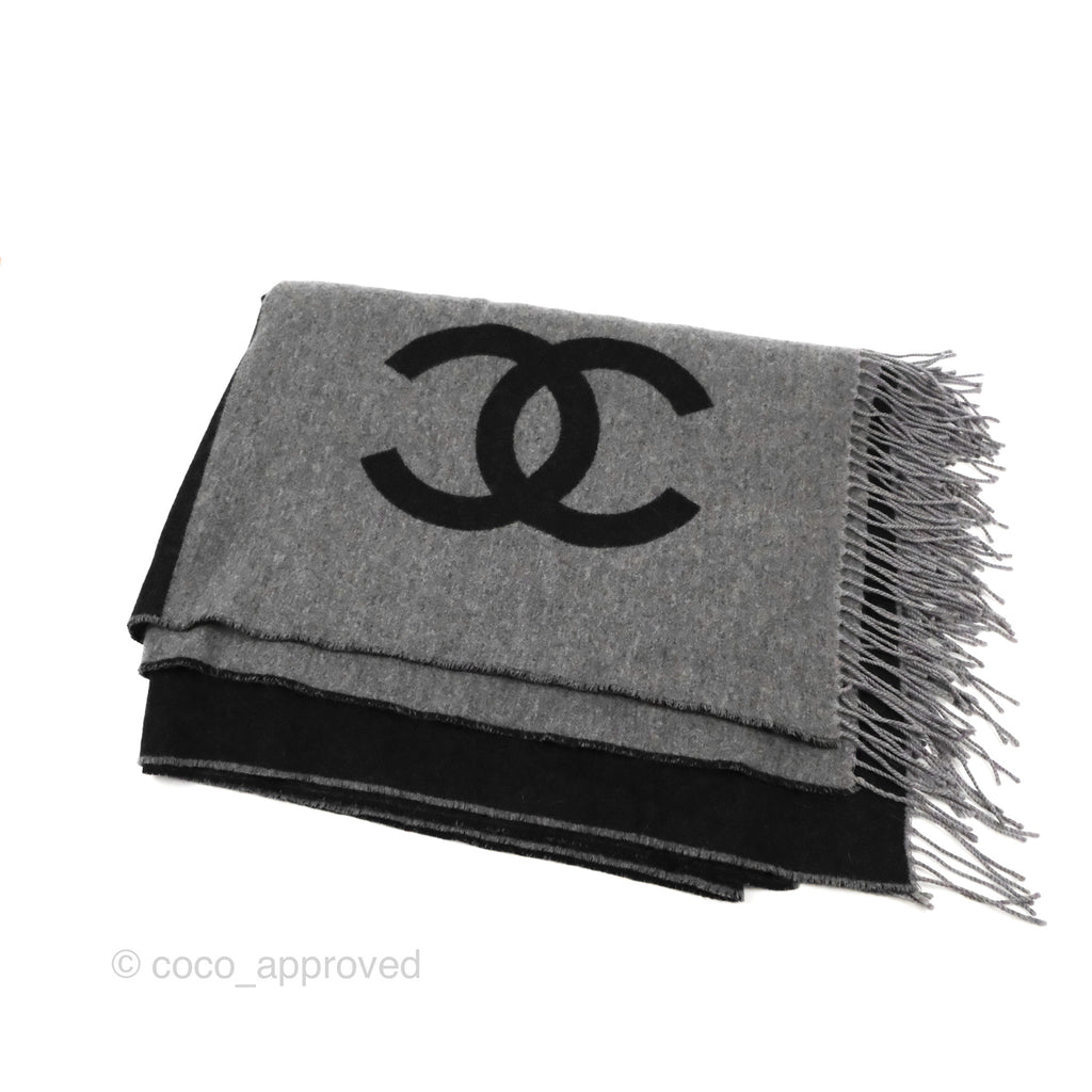 Chanel Large Wool Cashmere Shawl Blanket Black & Gray