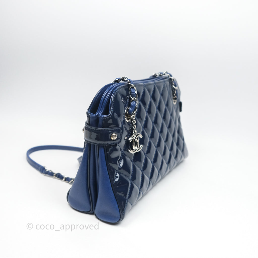 Chanel Quilted Bowling Tote Royal Blue Patent Silver Hardware