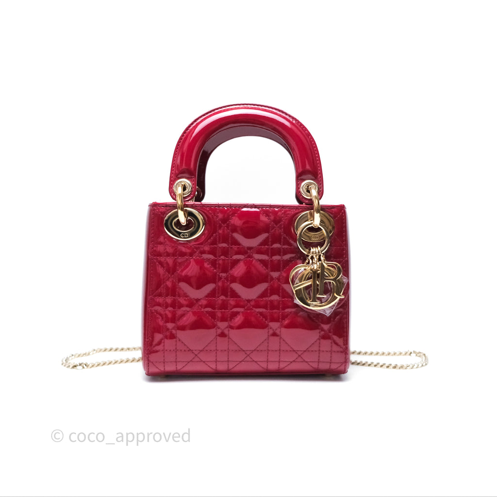 Christian Dior Mini Lady Dior Red Patent Cannage Gold Hardware