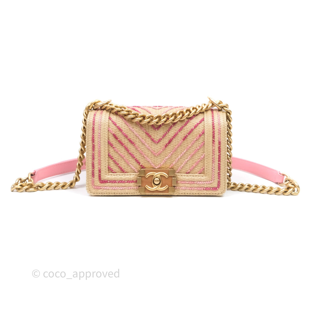 Chanel Small Boy Chevron Raffia Metallic Pink Aged Gold Hardware