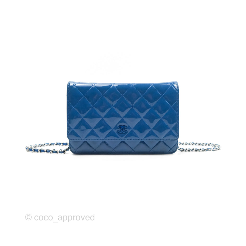 Chanel Quilted Classic Wallet on Chain WOC Blue Patent Silver Hardware